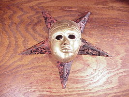 Vintage Spooky Halloween Gold Tone Metal Face Mask with Red Star Wall Hanging - £11.98 GBP