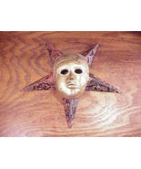 Vintage Spooky Halloween Gold Tone Metal Face Mask with Red Star Wall Ha... - £11.93 GBP