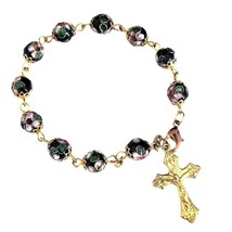 Black Cloisonne Floral Beaded &amp; Gold tone Cross Rosary Bracelet - £18.98 GBP