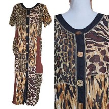 Vintage 90s Small Leopard Print Maxi Shirt Dress Long Patchwork India Rayon - $48.25