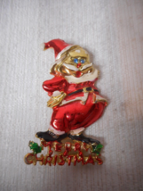 BJ Signed Enameled Santa Claus Merry Christmas Brooch Pin Blue Eyes Curved Feet - £15.56 GBP