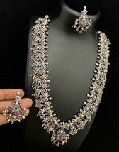 Indian Silver Oxidised Tone Zircon Statement Long Necklace Set Ethnic Jewelry - £112.88 GBP