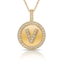 14K Solid Yellow Gold Round Circle Initial "V" Letter Charm Pendant & Necklace - $35.14+