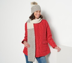 Susan Graver Novelty Stitch Faux Fur Pom Pom Beanie &amp; Scarf Set - IVORY/... - £16.69 GBP