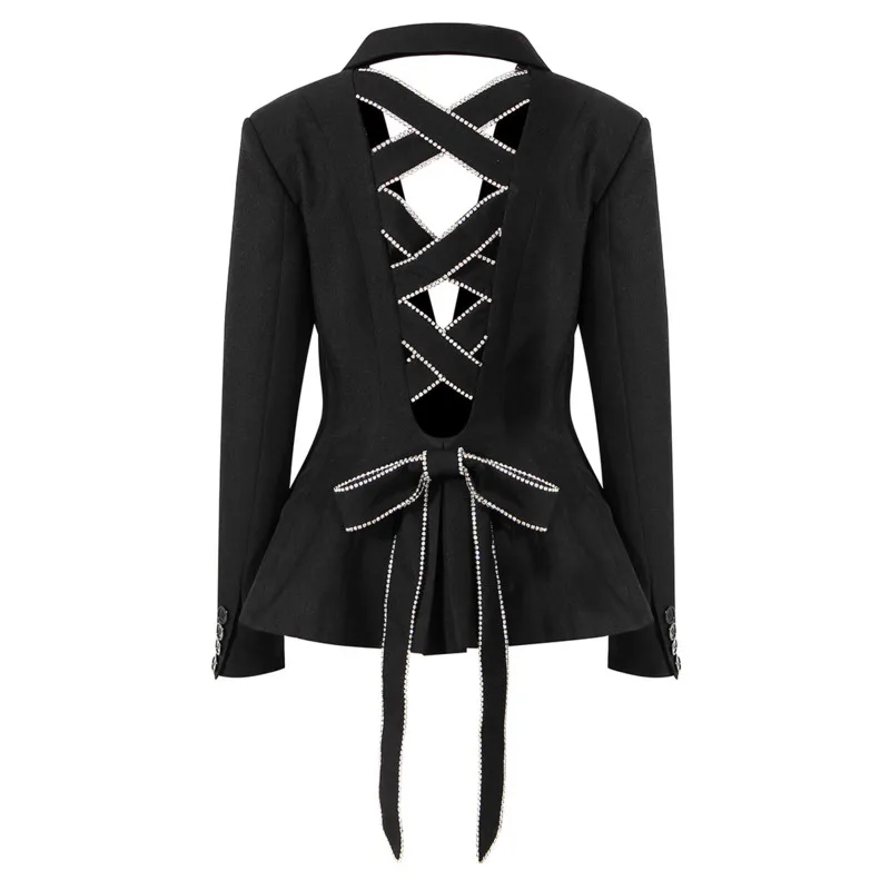 PREPOMP Autumn Women Coat  Turn-down Collar Black Hollow Out Bow Bandage Rhinest - £181.65 GBP