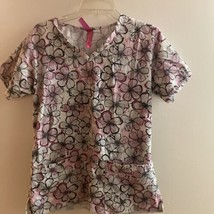 Womens Scrub Works Scrub Smock Top Shirt Size M Bust 40” Flowers Pink Wh... - £5.60 GBP