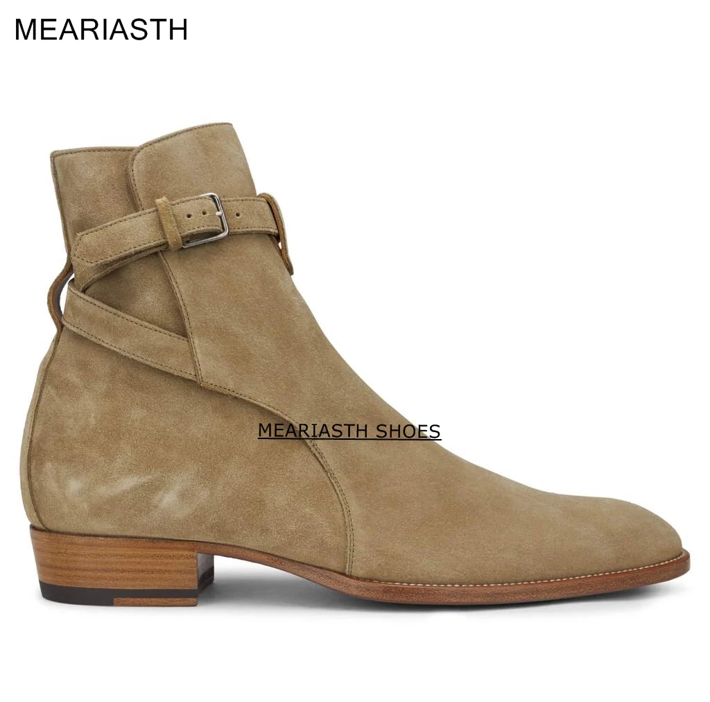 Meariasth Pointed Toe Slim men Suede Leather Booties genuine leather ankle strap - £132.02 GBP