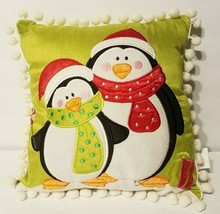 Adorable Green Christmas Penguin Appliqued 10&quot; Square Pillow w/ Pom Pom Fringed - £11.93 GBP