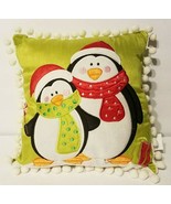 Adorable Green Christmas Penguin Appliqued 10&quot; Square Pillow w/ Pom Pom ... - £11.96 GBP