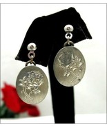 Pierced Earrings ROSES Hand ENGRAVED PEWTER Ovals Vintage Silvertone Flo... - £10.34 GBP