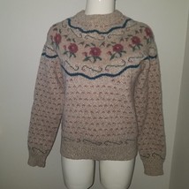 VTG Eddie Bauer Wool Sweater Tan Rose Floral Cottage Core Granny Size Small - £32.42 GBP