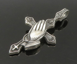 925 Sterling Silver - Vintage Religious Cross Prayer Hands Pendant - PT18962 - £87.60 GBP