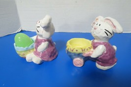 Set Of 2 Ceramic Easter Bunny Egg Holders Hand Painted Boy Girl Bunnies - £13.39 GBP