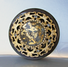 Large Vintage Round Black Rhinestone Faux Gold Nugget Brooch Pin - $16.82