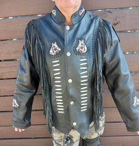 Men&#39;s American Real Leather Jacket Handmade Lakota Beadwork, Fringe Cowboy Style - £69.80 GBP+