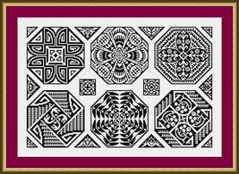 Antique Hexagon Tiles Sampler Monochrome Set Counted Cross Stitch Pattern PDF  - £5.59 GBP