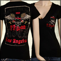 Motor City Legend Skull Wings Rock Swarovski Crystal Womens V T-Shirt Black - £34.32 GBP