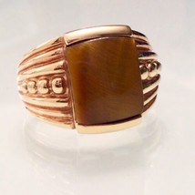 Art Deco Tiger&#39;s Eye Sterling Silver &amp; Gold Vermeil Ring - £52.19 GBP