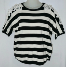 Luna Black &amp; White Striped Embellished Lace Faux Pearl Shoulders Knit Top Size S - £24.11 GBP