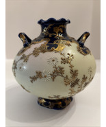 Antique Japanese hand painted Nippon Porcelain Two Handle Vase Blue &amp; Gold - $55.39