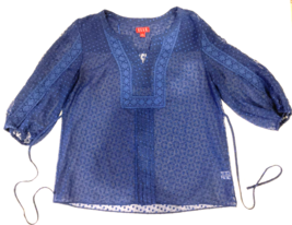 ELLE Top Womens Large Blue Sheer Polka Dot Blouse 3/4 Sleeve Peasant Style Boho - £11.84 GBP