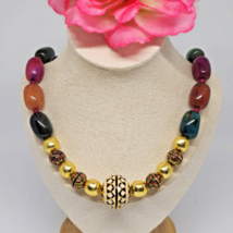 Enamel Cloisonne Crackle Agate Beaded Statement Necklace Gold Green Red Purple - £23.88 GBP