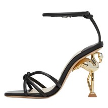 Golden Flamingo High Heels Shoes Woman Pink Black Calfskin Leather Strap... - £112.80 GBP