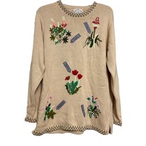 Stitches In Time Women Sweater Beige Sz L Floral Plant Knit Long Sleeve Pullover - $26.61