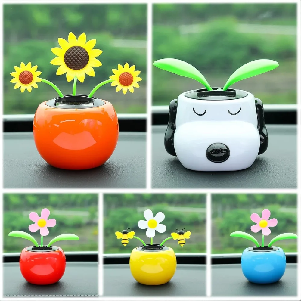 Solar Car Ornament Automatic Swing Flower Potted Plant Doll Toy Automobile - £7.73 GBP