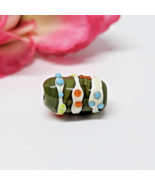 Artisan Lampwork Glass Barrel Drum Bead Green White Blue Hobnail Dot - $12.95