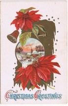 Holiday Postcard Embossed Christmas Greetings Poinsettia Bell Snow Scene - £2.36 GBP