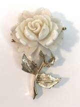 Gold Tone &amp; White Celluloid or Early Plastic Carved Rose Brooch Pin - £11.99 GBP