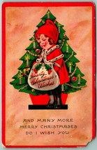 Christmas Tree w Candles Little Girl Sack Red Border Christmas DB Postcard I7 - £3.97 GBP