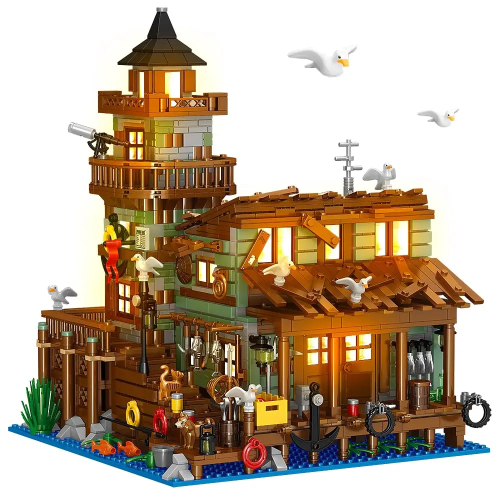 Creative Micro Fisherman Cabin Wharf Wooden House Building Blocks Street View - £52.47 GBP+
