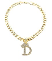 King &amp; Queen Initial Letter D Crystals Pendant Gold-tone Cuban Chain Necklace - £19.80 GBP