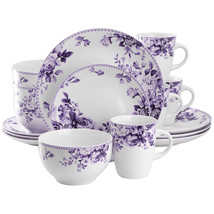 Elama Traditional Purple Rose 16 Piece Stoneware Dinnerware Set - $3,013.98 MXN