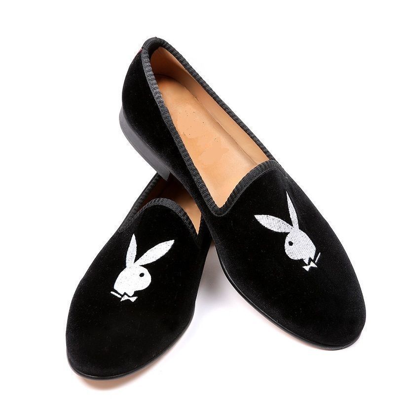 Men Black Velvet Rabbit Embroidery Loafer Slippers Leather Sole Shoes US 7-16