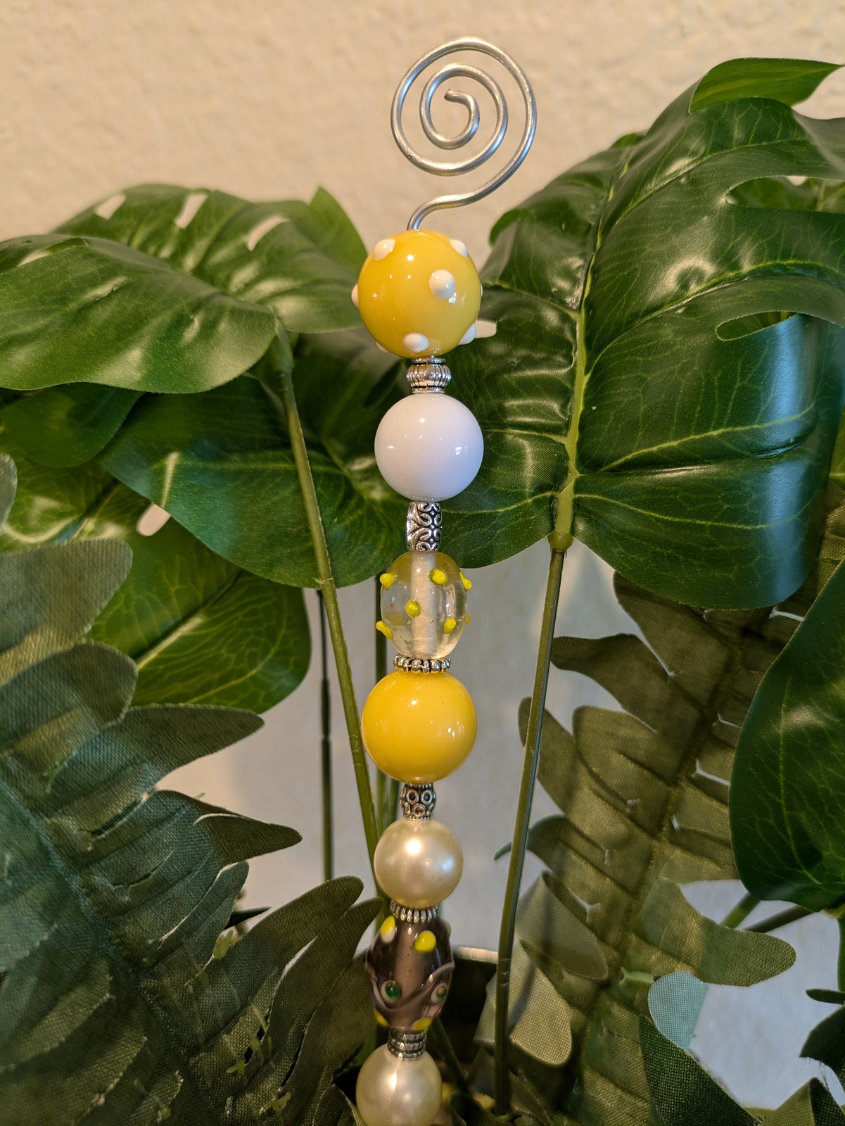  Yellow and White Beaded Garden Stake on Wire - $12.00
