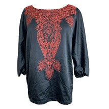 Kenar Womens Tunic Top Shirt Size Small Black Orange Embroidered Satin Feel Boho - £14.86 GBP