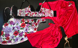 Victoria&#39;s Secret Unlined 36C,36D Bra Set+Slip+Robe Red Purple Black Shine Strap - £150.16 GBP