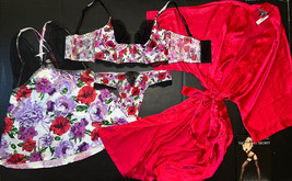 Victoria&#39;s Secret Unlined 36C,36D Bra Set+Slip+Robe Red Purple Black Shine Strap - £149.90 GBP