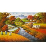 Harvest Time: A Rural Landscape with a Mountain Painting - $250.00