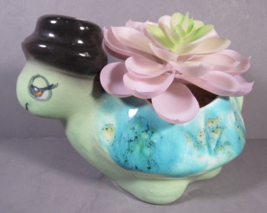 Turtle Planter Small &amp; Whimsy Hand Painted Ceramic Faux Succulent 6.25&quot; x 4&quot;. - £11.80 GBP