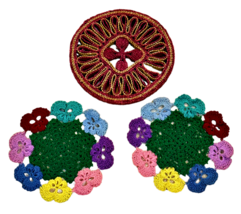 Trivets Hot Pads Crochet and Woven Straw Rattan 3 Vintage 7 Inch Colorful - £7.69 GBP
