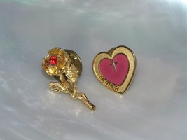 Estate Lot of 2 Small Christian Red Enamel Goldtone Mother Heart &amp; Rose Pin  –  - £6.72 GBP