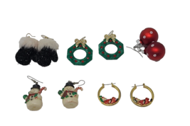 Lot of 5 Pairs of Christmas Holiday Earrings Hoops Wreaths Snowman Gloves Etc - £12.65 GBP