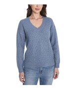 Frye Womens Sweater Blue V-Neck Long Sleeves Cable Knit Patchwork Side S... - $70.41 CAD