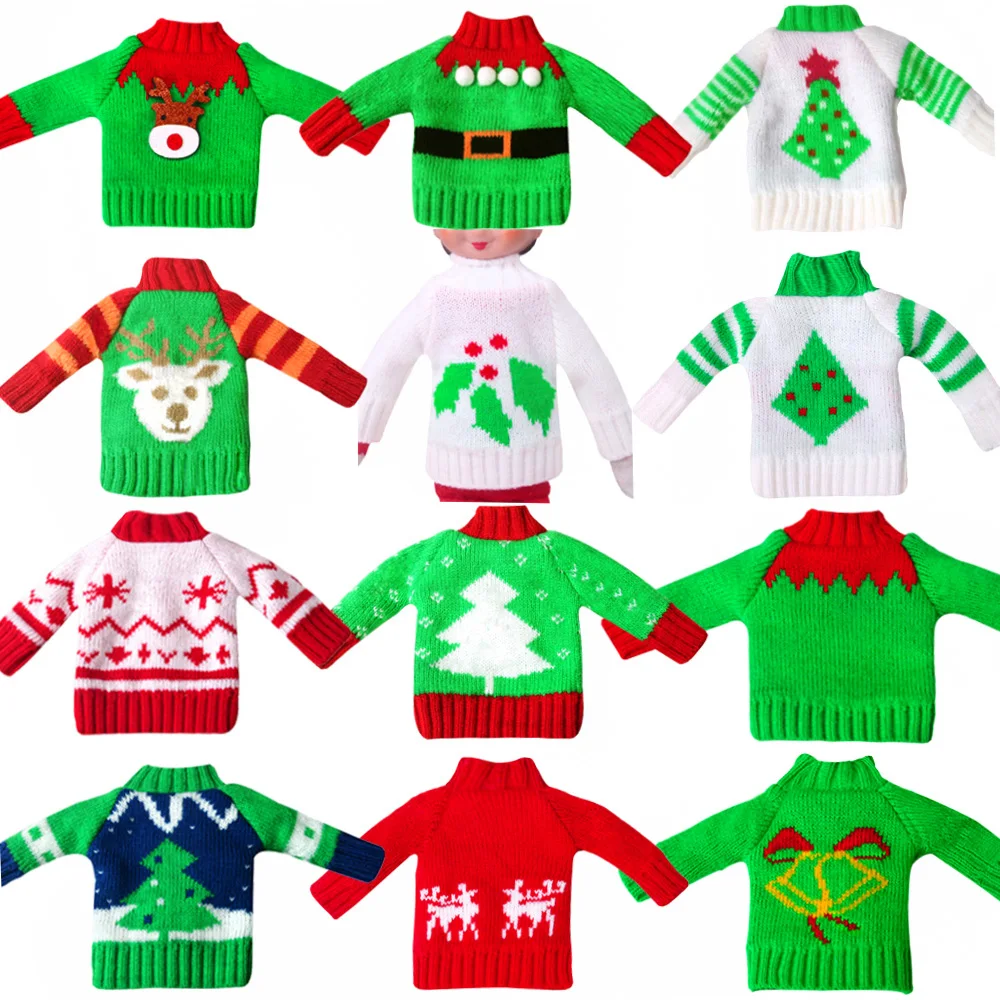 Christmas Style Elf Doll Clothes Printed Sweater Red Knitted Cotton Sweater Top - £9.30 GBP