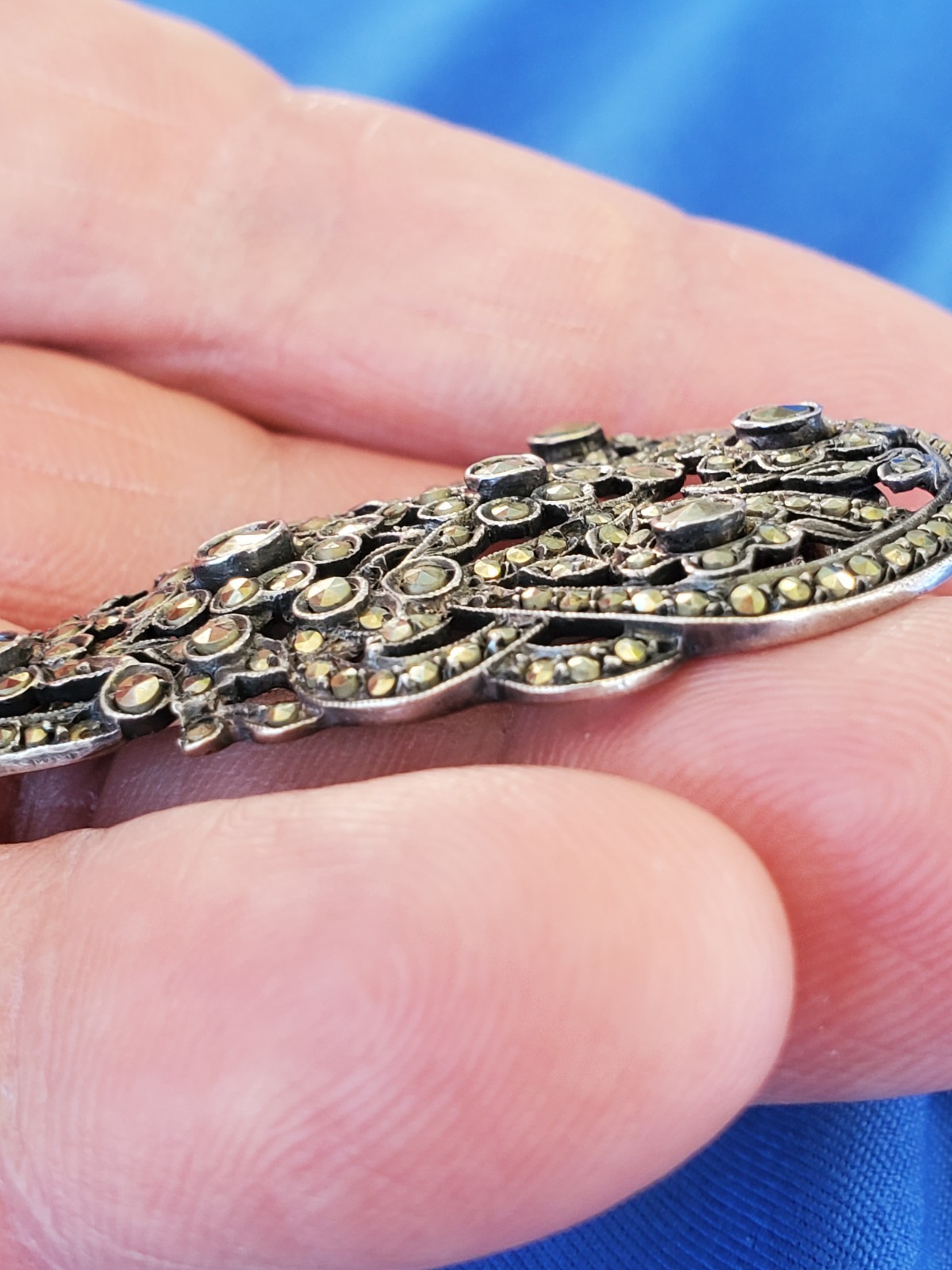 Vintage Art Deco Sterling Silver 935 Diamond Cut Marcasite Large Pin Brooch Clip Item image 12