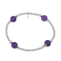 Galactic Round Amethyst .925 Silver Elastic Beads Bracelet - $20.09